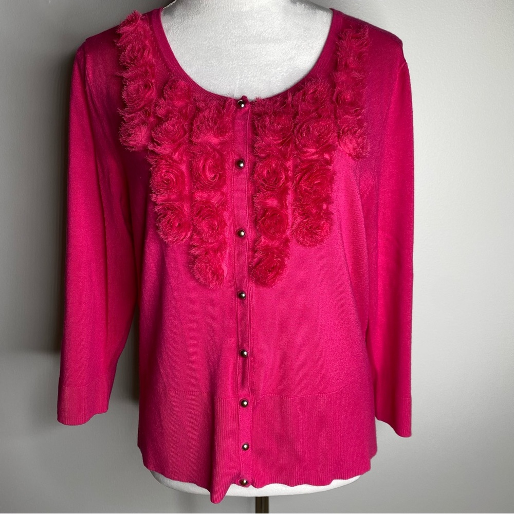 White House Black Market Fuchsia Pink Ruffle Front Cardigan